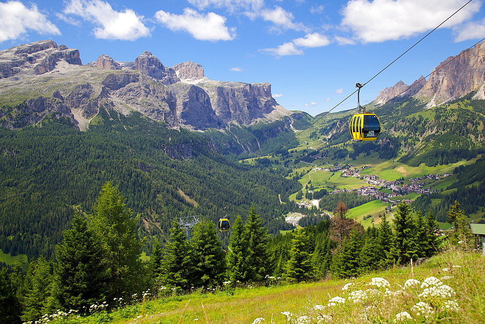 View from Col Alto and cable car, Corvara, Badia Valley, Bolzano Province, Trentino-Alto Adige/South Tyrol, Italian Dolomites, Italy, Europe