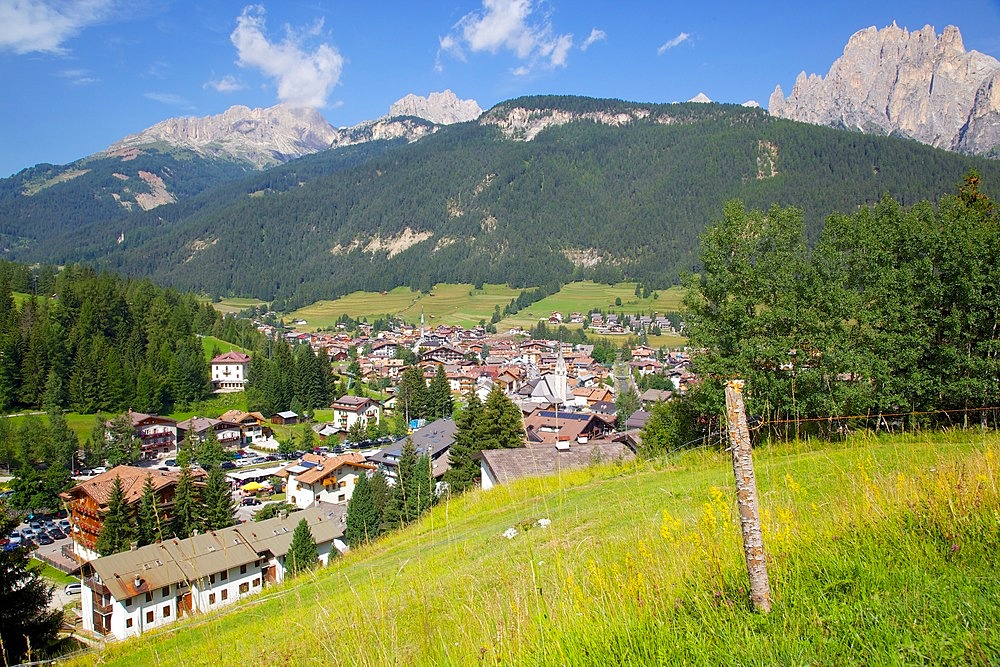 View over town, Pozza di Fassa, Fassa Valley, Trento Province, Trentino-Alto Adige/South Tyrol, Italian Dolomites, Italy, Europe