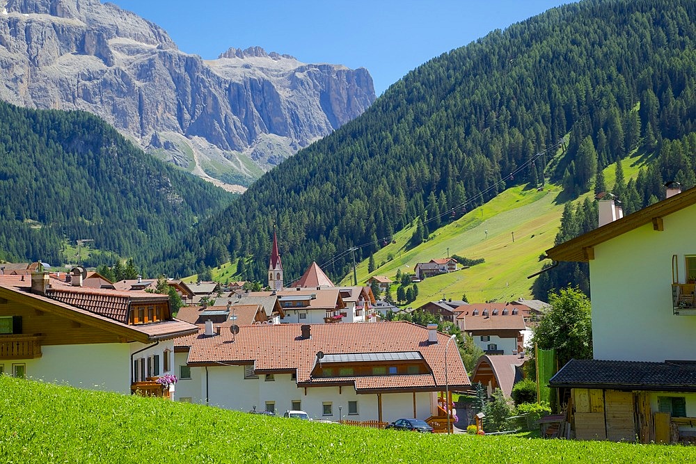 View over town, Selva Gardena, Gardena Valley, Bolzano Province, Trentino-Alto Adige/South Tyrol, Italian Dolomites, Italy, Europe
