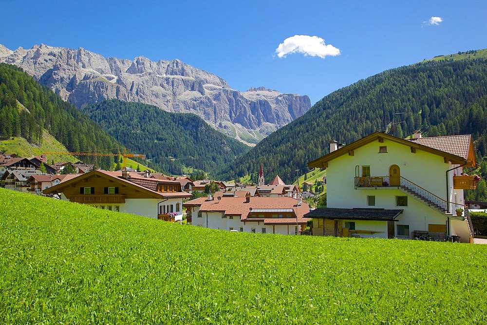 View over town, Selva Gardena, Gardena Valley, Bolzano Province, Trentino-Alto Adige/South Tyrol, Italian Dolomites, Italy, Europe