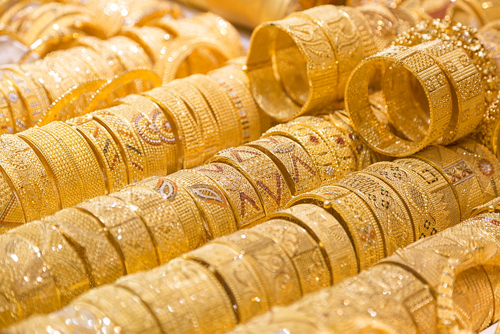 Gold jewellery on sale in shop window, Gold Souk, Dubai, United Arab Emirates, Middle East