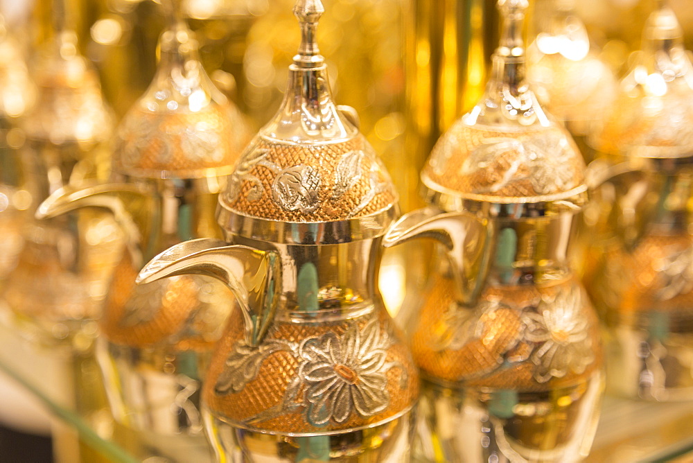 Souvenir gold plated traditional Arabic tea urns, Dubai Mall, Dubai, United Arab Emirates, Middle East