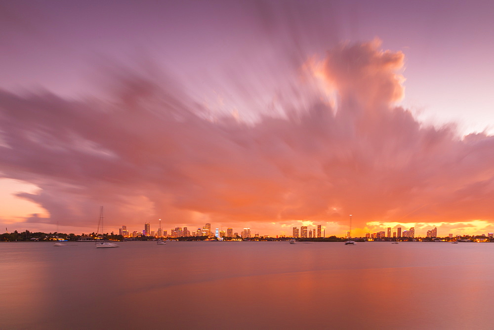 View of Downtown from South Beach at sunset, Miami Beach, Miami, Florida, United States of America, North America