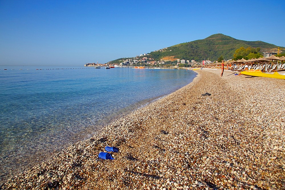 View of Budva Old Town and Beach, Budva Bay, Montenegro, Europe