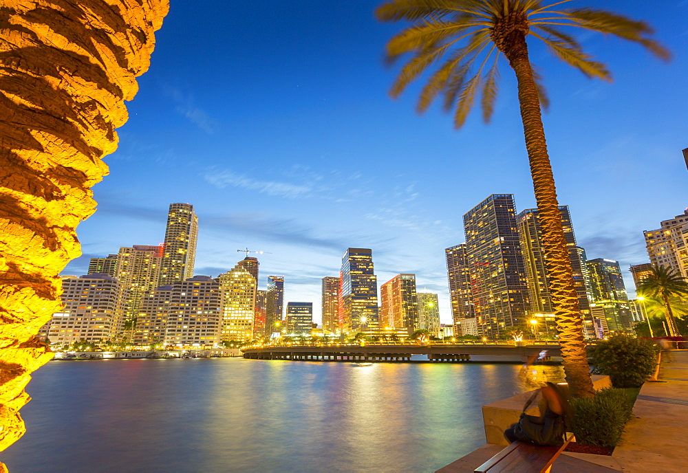 Downtown Miami skyline from Brickell Key at dusk, Downtown Miami, Miami, Florida, United States of America, North America