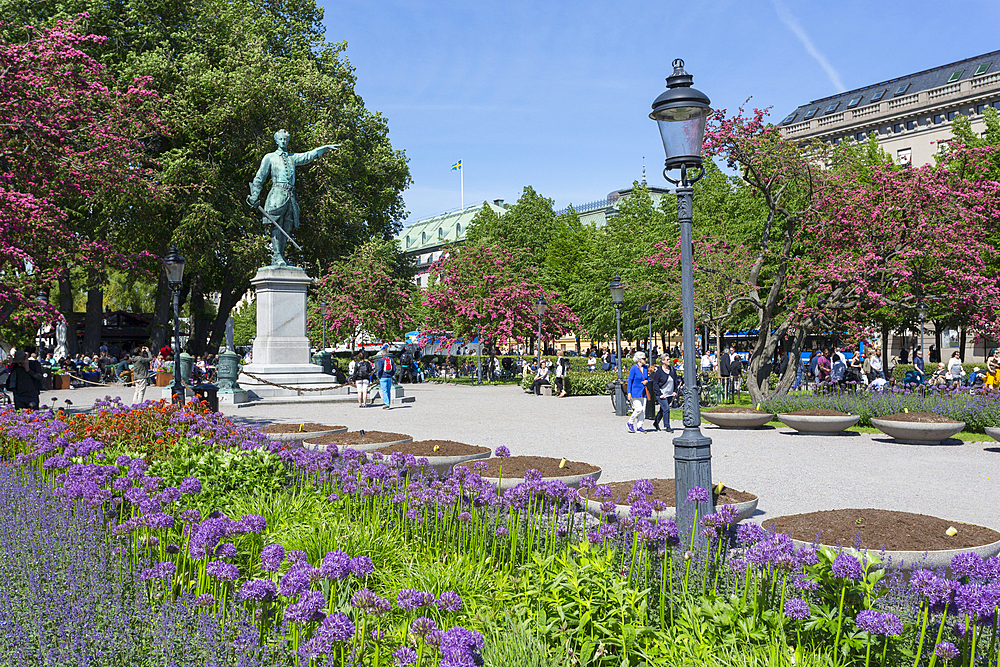 View of flowers and statue in Kungstradgarden, Stockholm, Sweden, Scandinavia, Europe