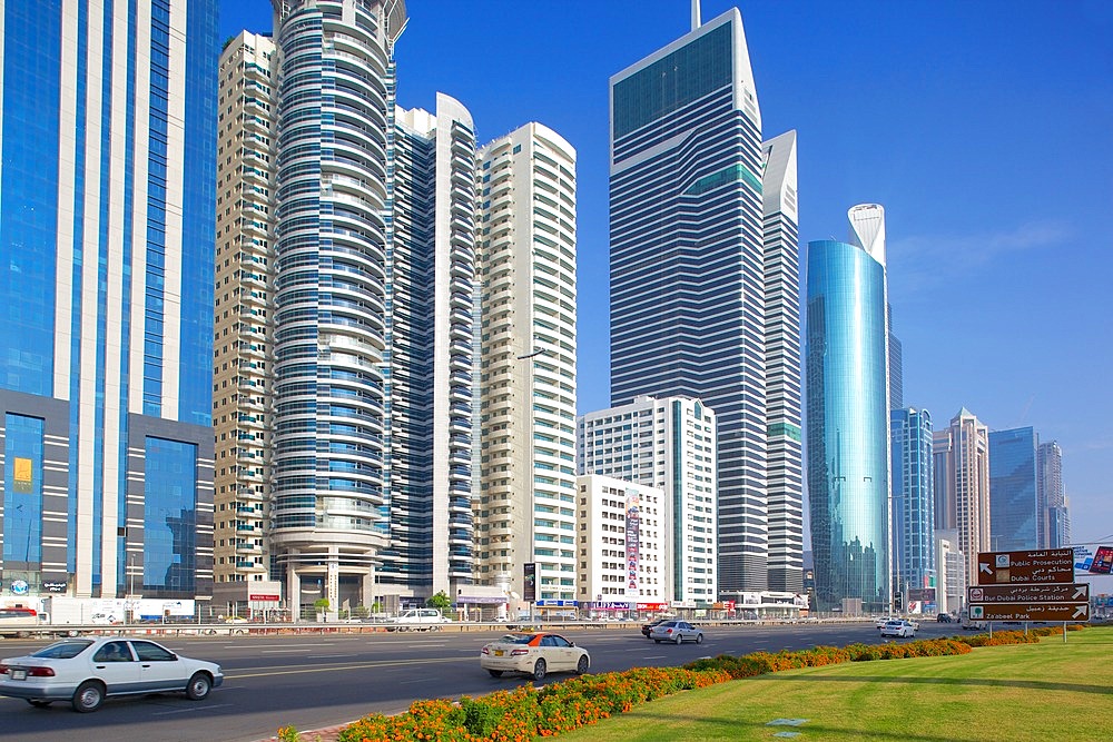 Skyscrapers on Sheikh Zayed Road, Dubai, United Arab Emirates, Middle East
