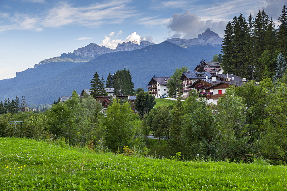 View of mountains and traditional houses, Cortina d'Ampezzo, South Tyrol, Italian Dolomites, Italy, Europe