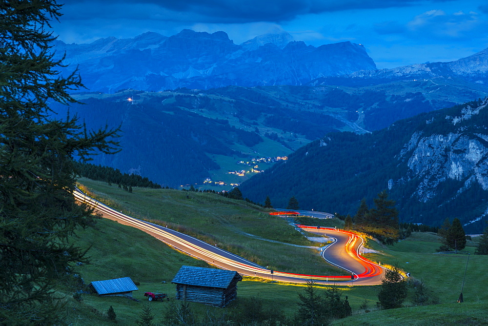 Traffic trail lights on Sella Pass, Province of Bolzano, South Tyrol, Italian Dolomites, Italy, Europe