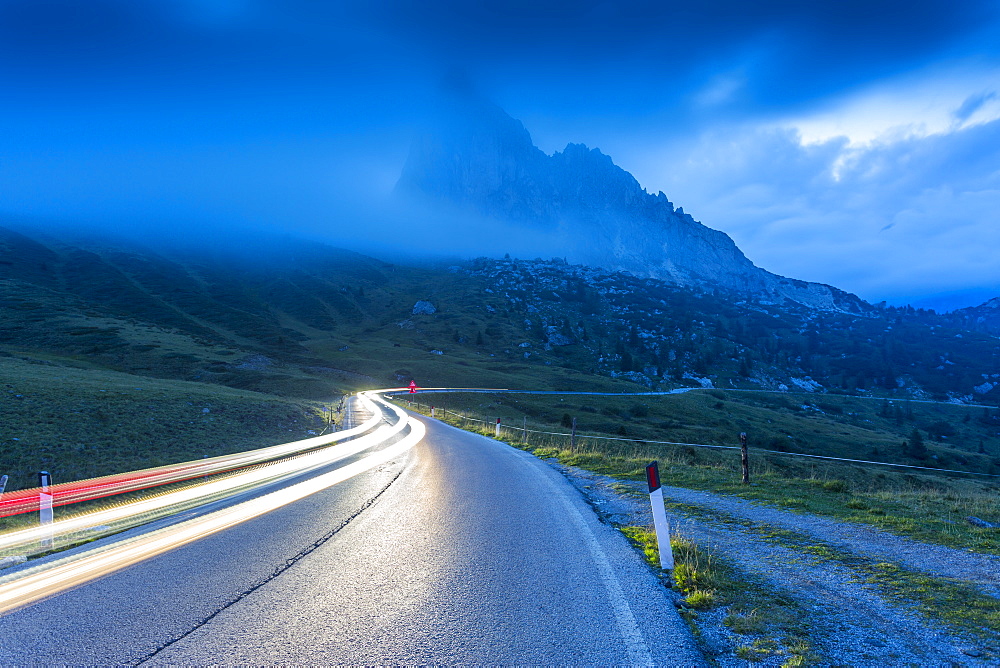 Traffic trail lights on Sella Pass, Province of Bolzano, South Tyrol, Italian Dolomites, Italy, Europe