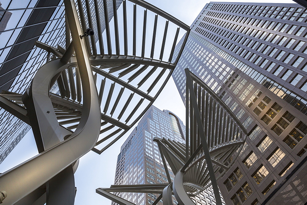 Sculpture and urban office buildings on Stephen Avenue Walk, Downtown, Calgary, Alberta, Canada, North America