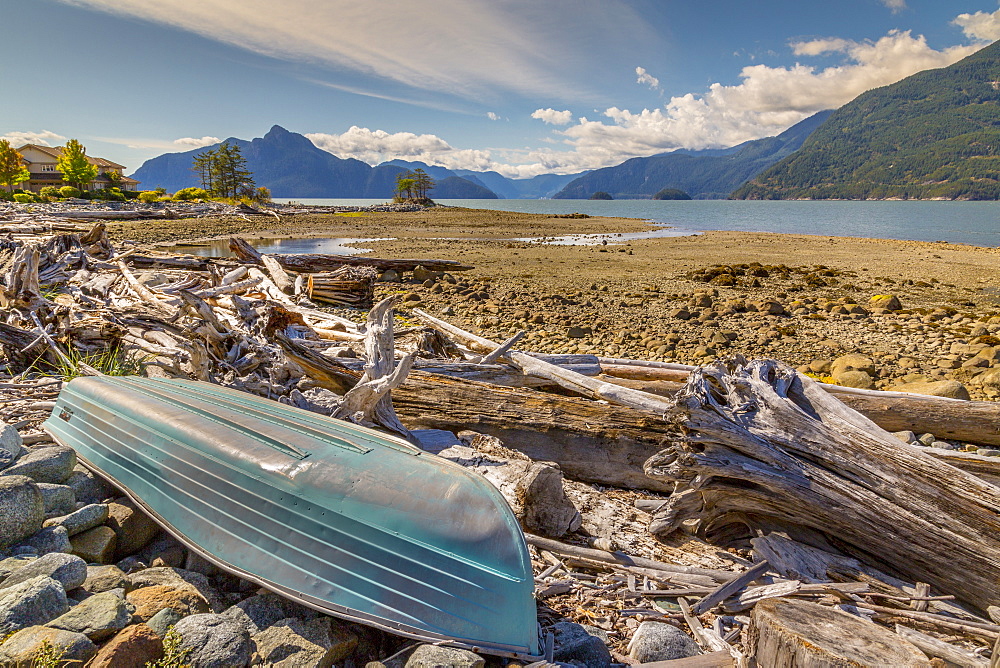 How Sound and overturned boat at Furry Creek off The Sea to Sky Highway near Squamish, British Columbia, Canada, North America