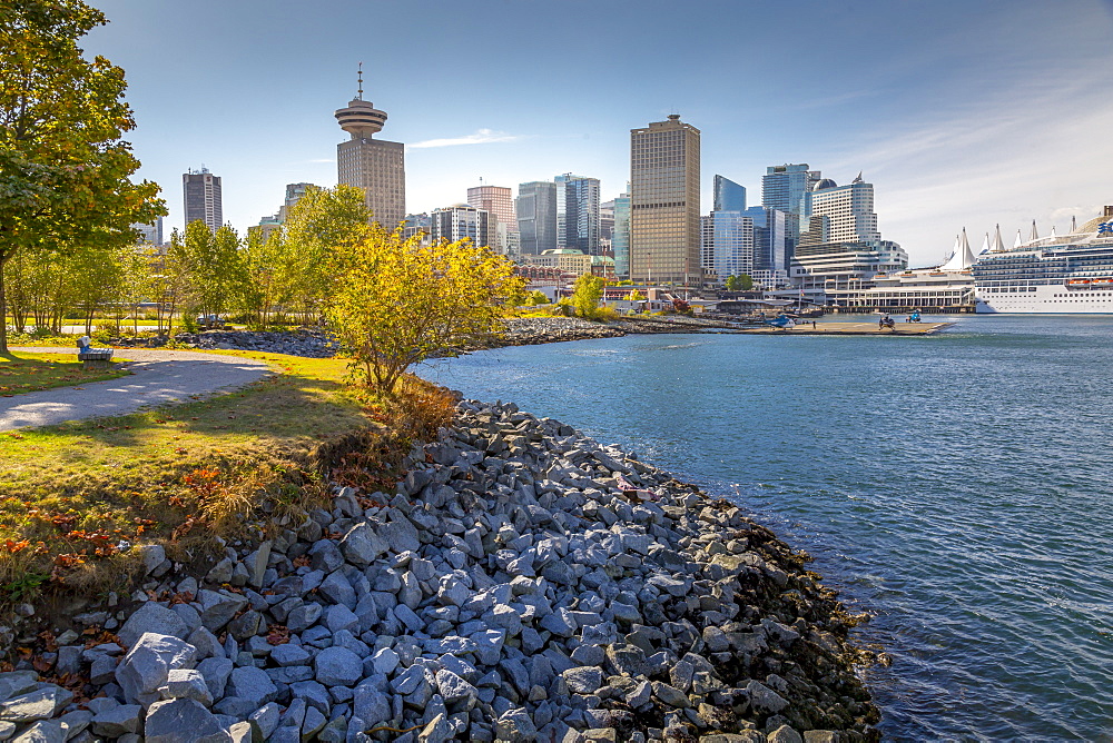 View of Canada Place and Vancouver Lookout Tower from CRAB Park, British Columbia, Canada, North America