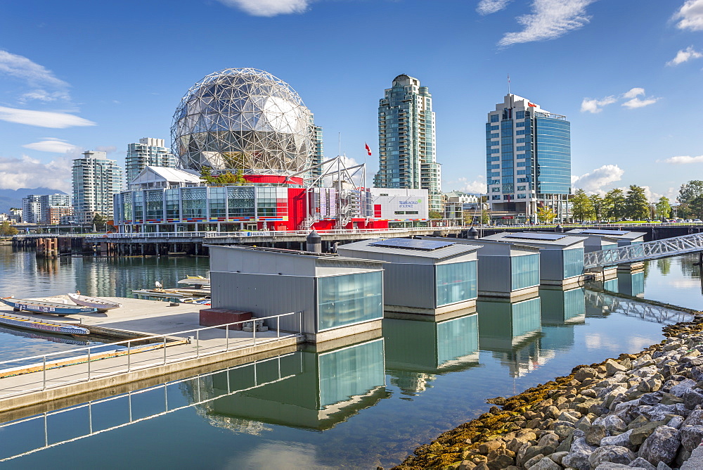 View of False Creek and Vancouver skyline, including World of Science Dome, Vancouver, British Columbia, Canada, North America