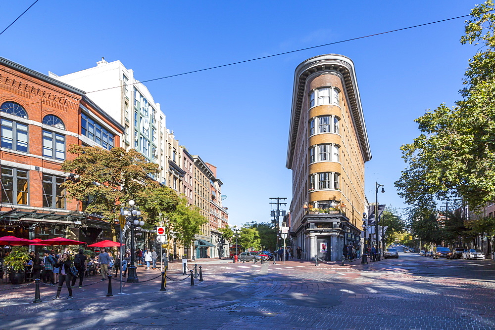 Architecture and cafe bar in Maple Tree Square in Gastown, Vancouver, British Columbia, Canada, North America