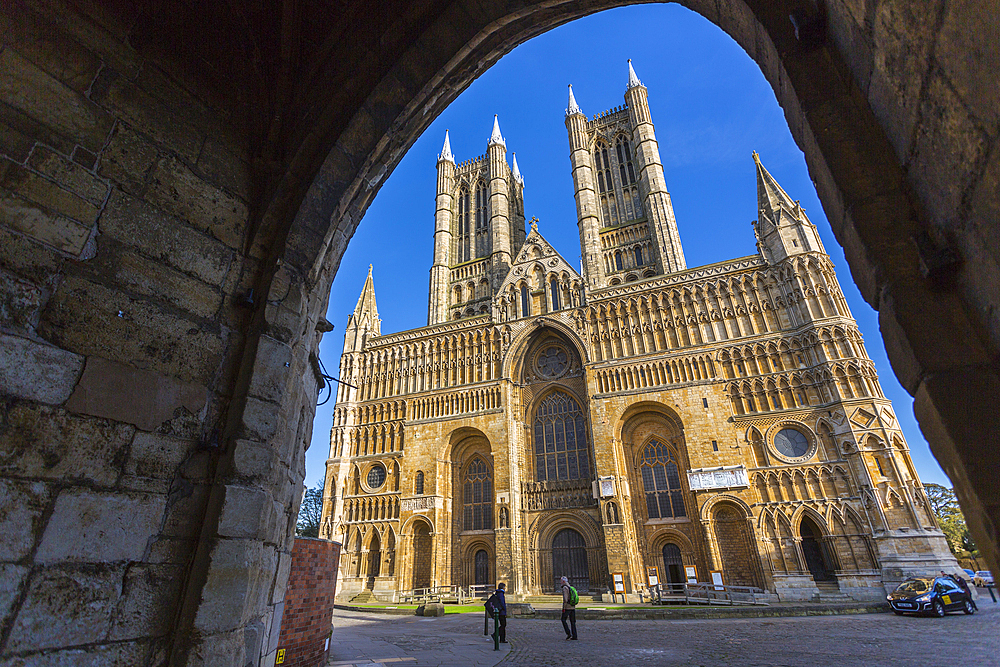 Lincoln Cathedral viewed through archway of Exchequer Gate, Lincoln, Lincolnshire, England, United Kingdom, Europe