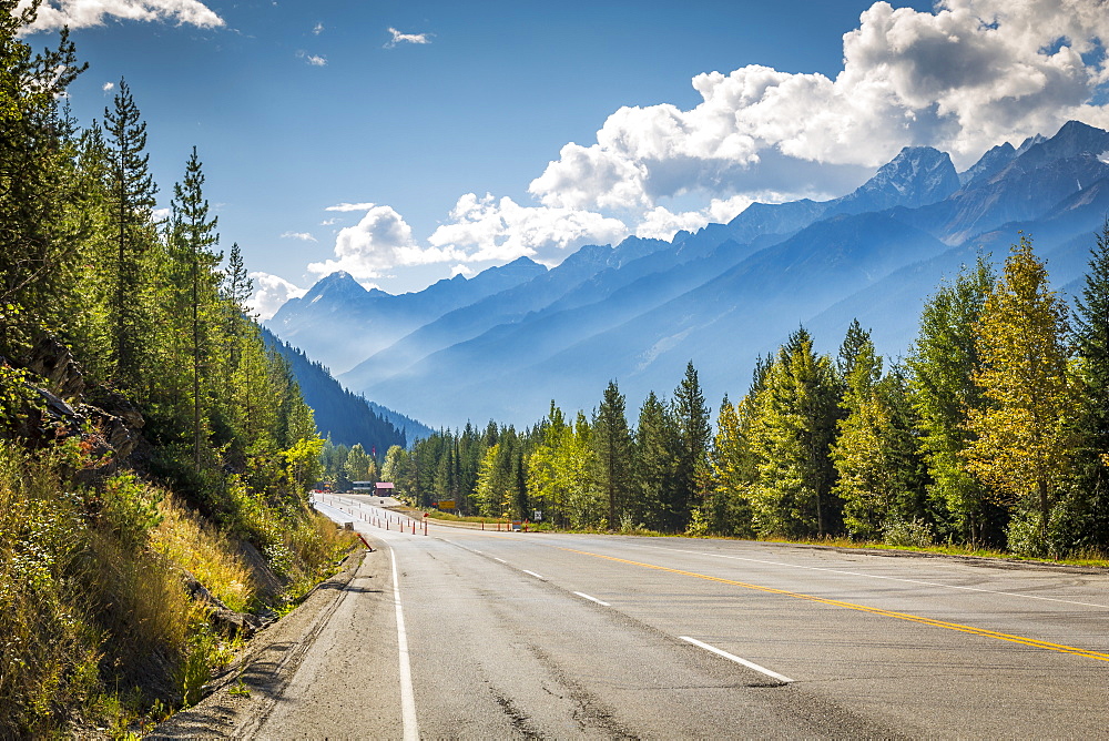 Scenic view of the mountains aligning the Trans Canada Highway in Glacier National Park, British Columbia, Canada, North America