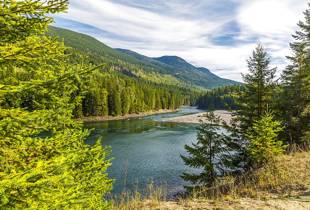 View of Clearwater River and meadows near Clearwater, British Columbia, Canada, North America