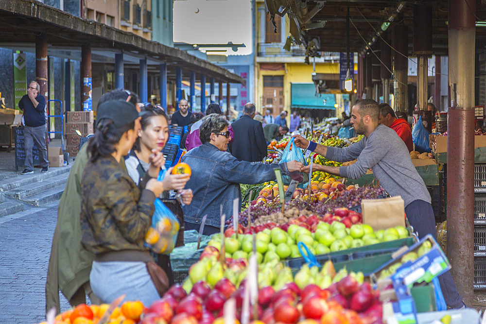 View of people shopping at Central Market fruit stall, Monastiraki District, Athens, Greece, Europe