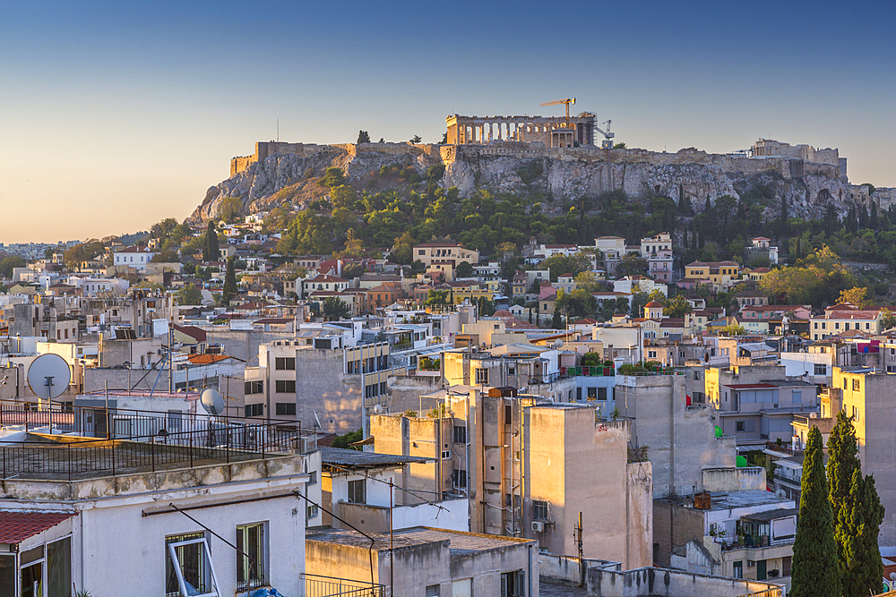 Elavated view of The Acropolis at dawn from the Monastiraki District, Athens, Greece, Europe