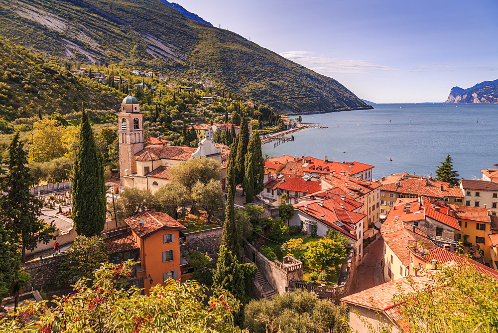 Panoramic view of Lake Garda, Chiesa di S. Andrea and the port of Torbole, Lake Garda, Province of Trento, Italian Lakes, Italy, Europe