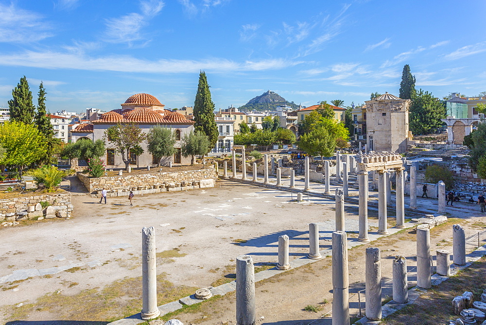 View of the remains of the Roman Agora, historical landmark and Fethiye Mosque visible, Athens, Greece, Europe