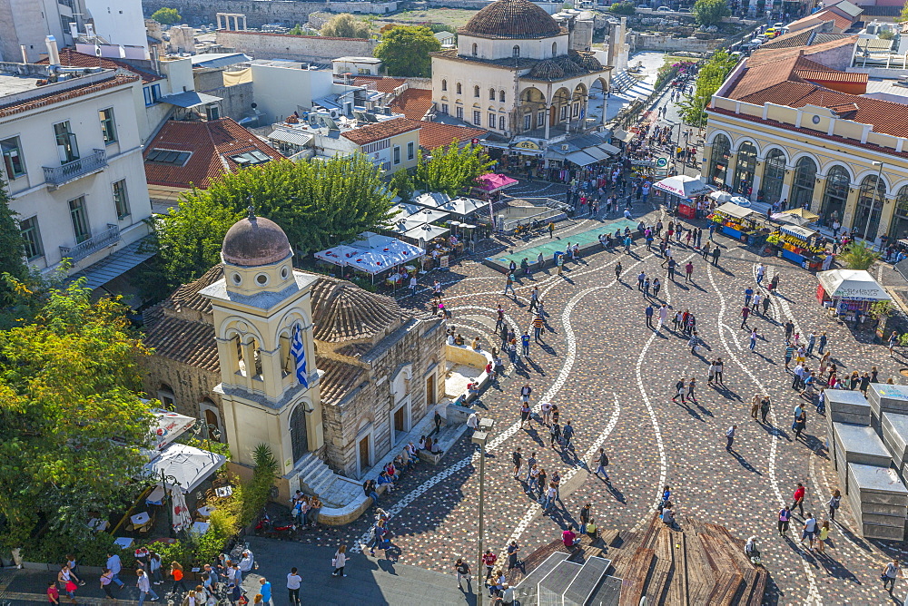 Elevated view of taxis, shoppers and Greek Orthodox Church in Monastiraki Square, Monastiraki District, Athens, Greece, Europe