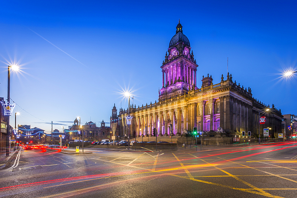 View of Leeds Town Hall at Christmas, Leeds, Yorkshire, England, United Kingdom, Europe