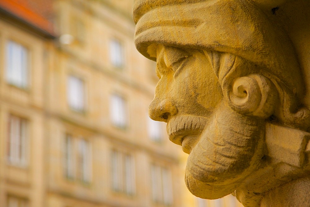 Stone carving on the Town Hall, Prinzipalmarkt, Munster, North Rhine-Westphalia, Germany, Europe