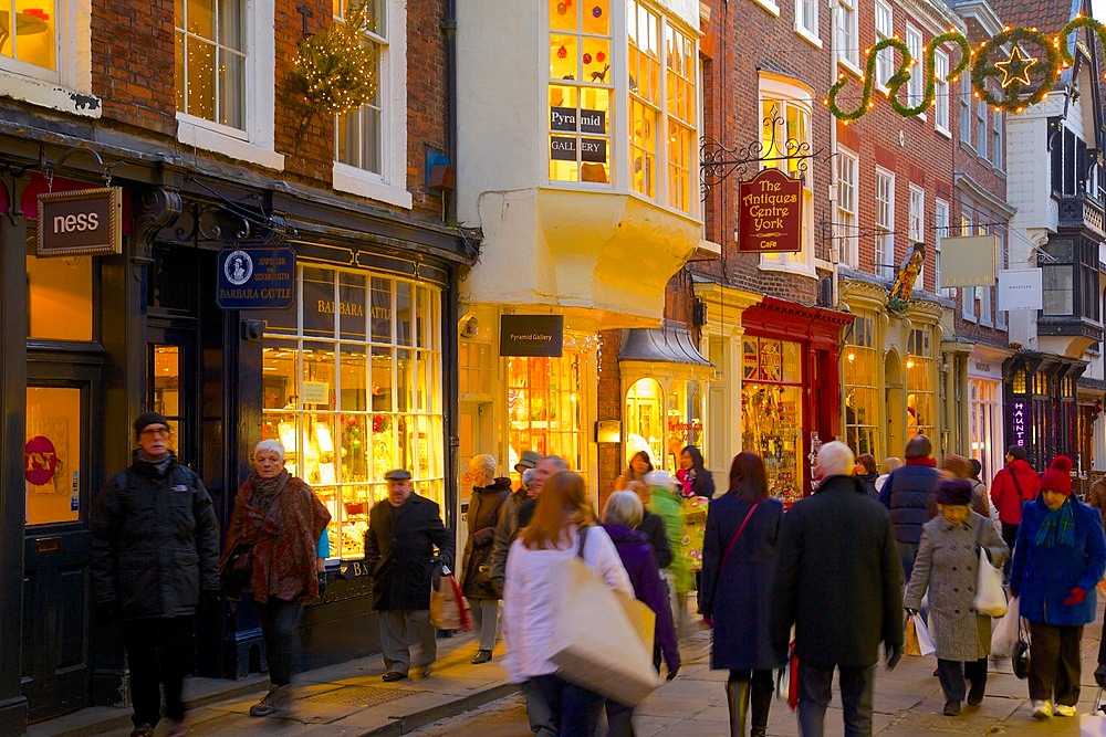 Shops on Stonegate at Christmas, York, Yorkshire, England, United Kingdom, Europe
