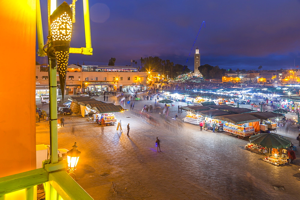 View of Jemaa el Fna (Djemaa el Fnaa) Square, UNESCO World Heritage Site and Koutoubia Mosque at night, Marrakesh (Marrakech), Morocco, North Africa, Africa