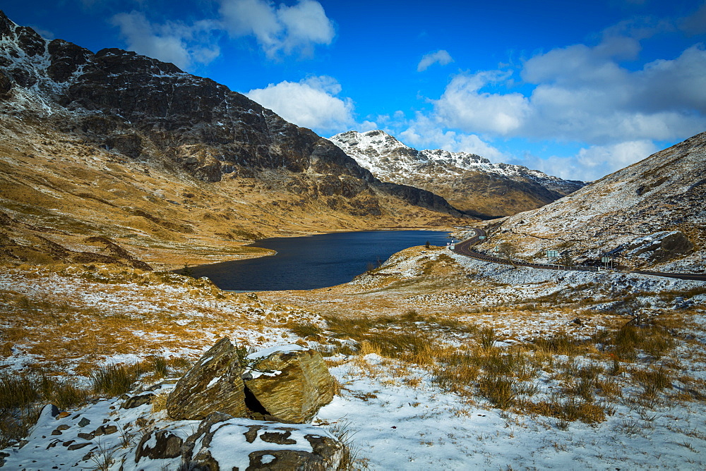 Scottish Highland road near Arrochar village in winter in the Loch Lomond and The Trossachs National Park, Stirling, Scotland, United Kingdom, Europe