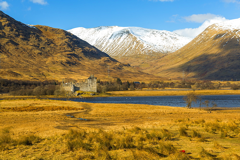 The ruins of Kilchurn Castle seen across Loch Awe in winter, Kilchurn Bay, Loch Awe, Argyll and Bute, Highlands, Scotland, United Kingdom, Europe