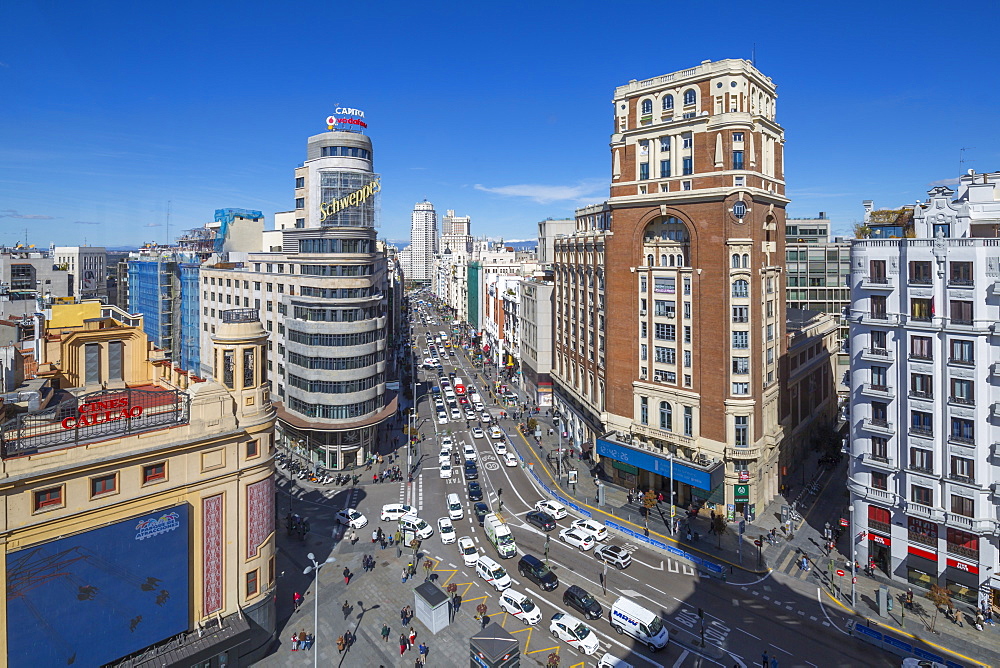 Elevated view from tall building looking down on Plaza del Callao and Gran Via , Madrid, Spain, Europe