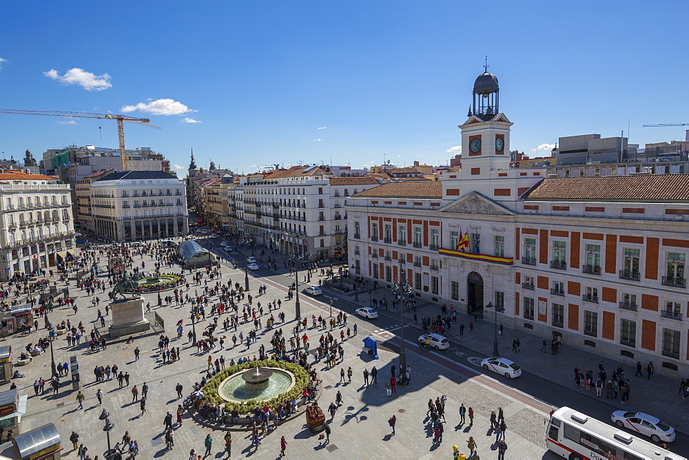 Elevated view of Real Casa de Correos and Puerta del Sol, Madrid, Spain, Europe