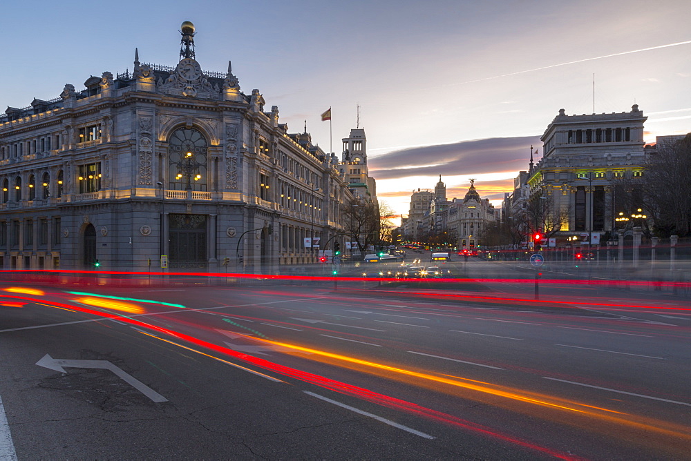 View of trail lights on Calle de Alcala and the entry to Gran Via at dusk, Madrid, Spain, Europe