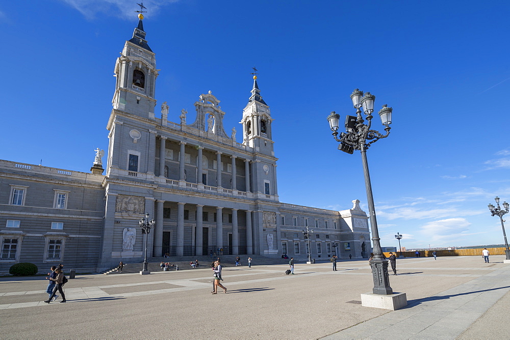 View of Madrid Cathedral on bright sunny morning, Madrid, Spain, Europe