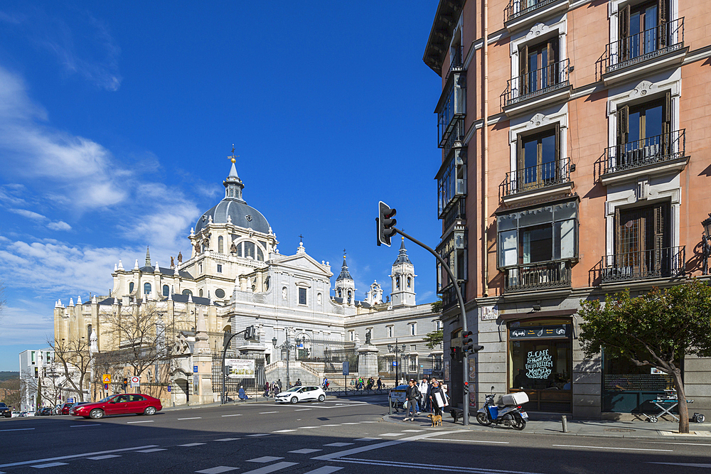 View of Madrid Cathedral on bright sunny morning, Madrid, Spain, Europe
