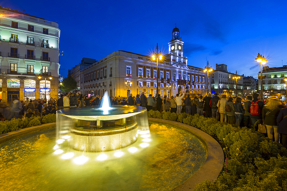 View of King Carlos lll statue and Easter Parade, Puerta del Sol at dusk, Madrid, Spain, Europe