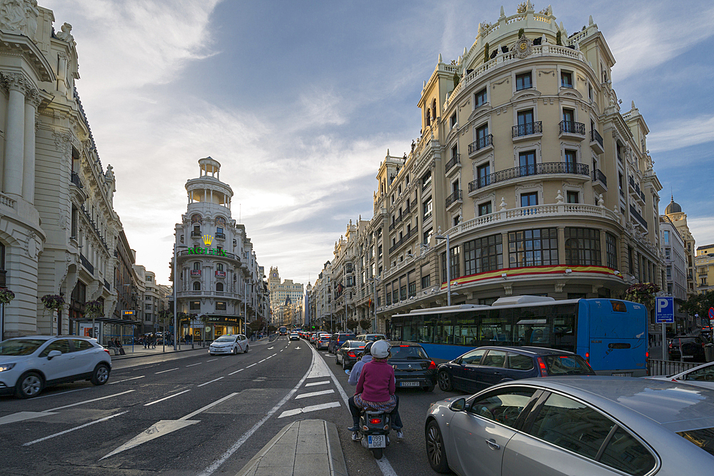 View of traffic on Gran Via at early evening, Madrid, Spain, Europe