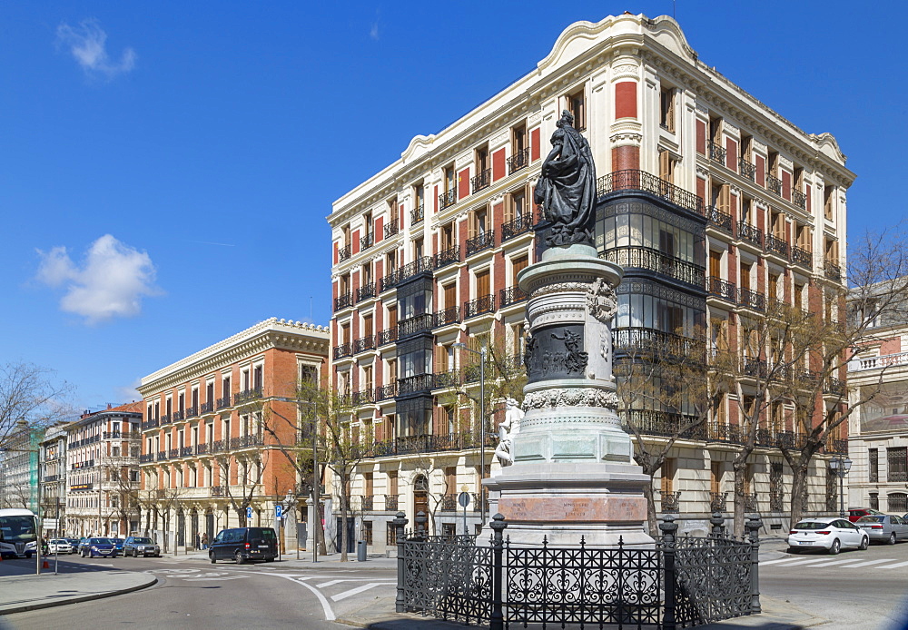 Statue of Maria Cristina de Borbon and architecture in Calle de Filipe, Madrid, Spain, Europe