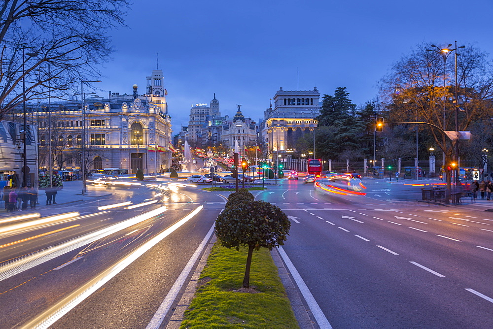 View of Cibeles Fountain in Plaza Cibeles at dusk, Madrid, Spain, Europe