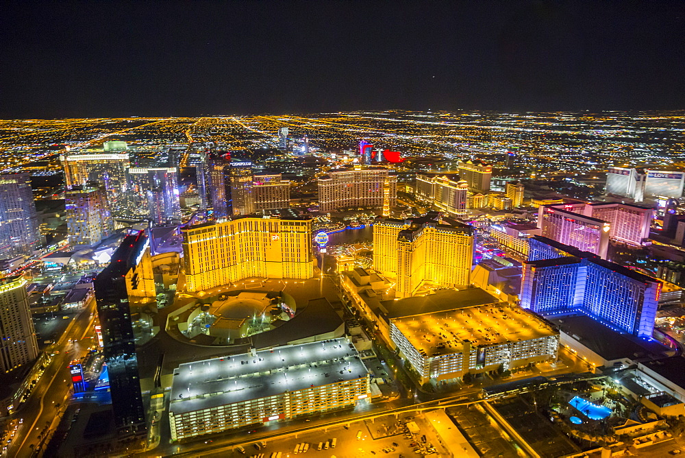 View of Las Vegas and The Strip from helicopter at night, Las Vegas, Nevada, United States of America, North America