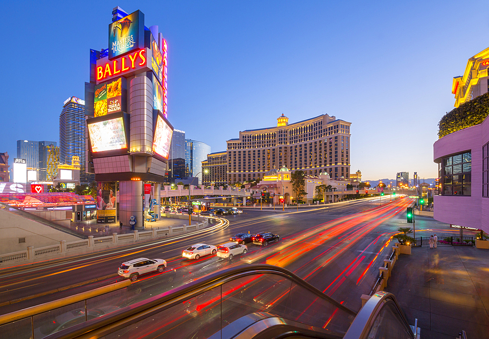 View of traffic and trail lights on The Strip, Las Vegas Boulevard, Las Vegas, Nevada, United States of America, North America