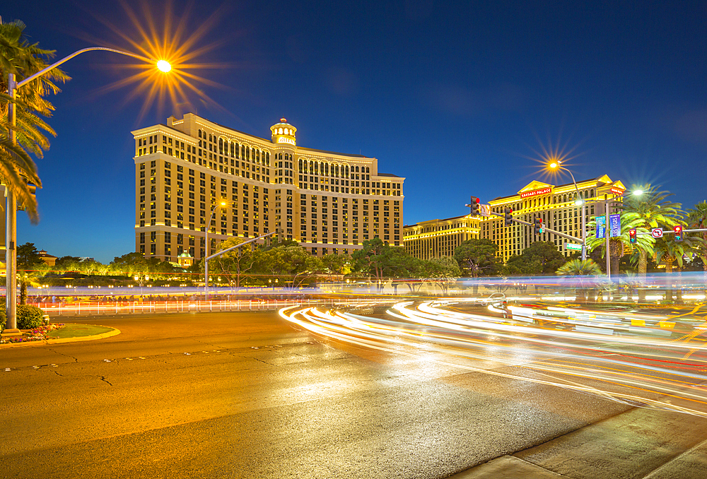View of Bellagio Hotel and Casino on The Strip, Las Vegas Boulevard at dusk, Las Vegas, Nevada, United States of America, North America