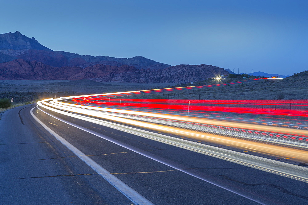 View of trail lights in Red Rock Canyon National Recreation Area, Las Vegas, Nevada, United States of America, North America