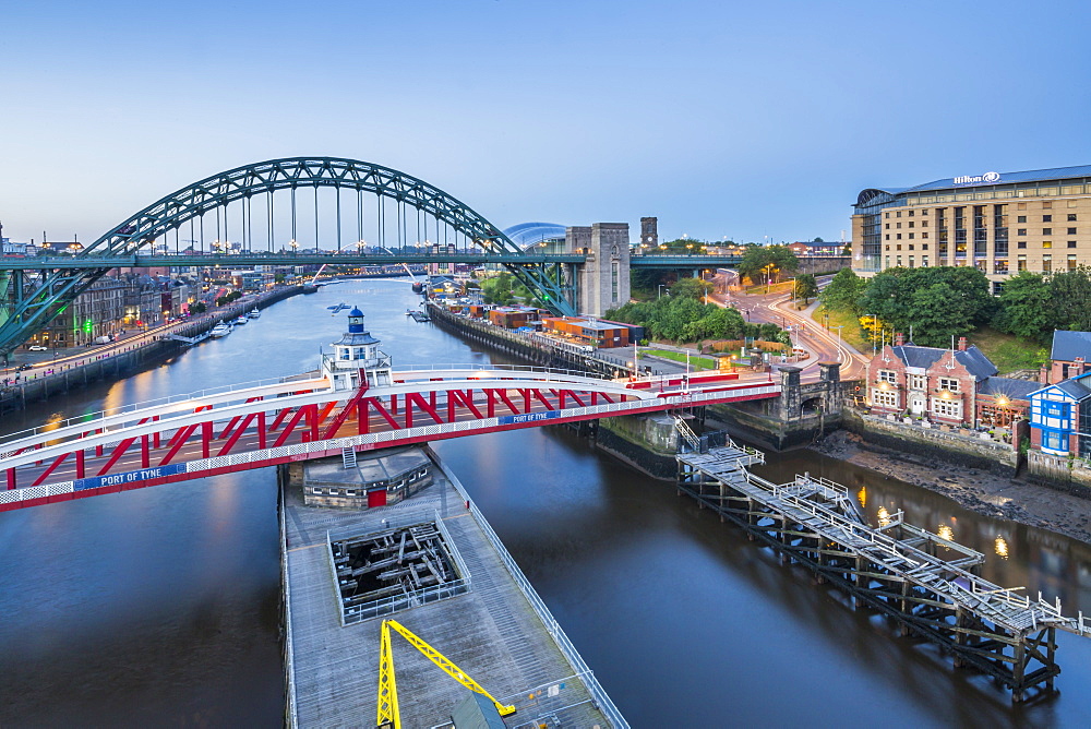 View of The Tyne Bridge, Swing Bridge and Tyne River at dusk, Newcastle-upon-Tyne, Tyne and Wear, England, United Kingdom, Europe