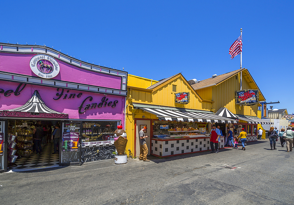 Shops on Fisherman's Wharf pier, Monterey Bay, Peninsula, Monterey, California, United States of America, North America
