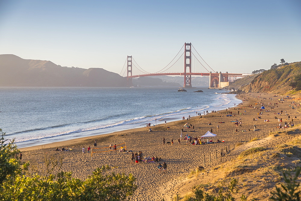 View of Golden Gate Bridge from Baker Beach at sunset, South Bay, San Francisco, California, United States of America, North America