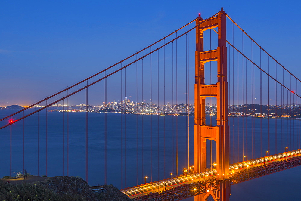 View of Golden Gate Bridge from Golden Gate Bridge Vista Point at dusk, San Francisco, California, United States of America, North America